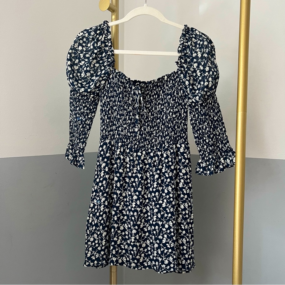 Reformation Dark Blue Navy & White Floral Smocked Bodice Mini Dress